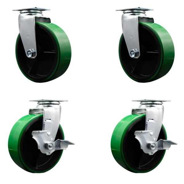 Service Caster 6 Inch Green Poly on Cast Iron Swivel Caster Set with Ball Bearings 2 Brakes SCC-20S620-PUB-GB-2-TLB-2